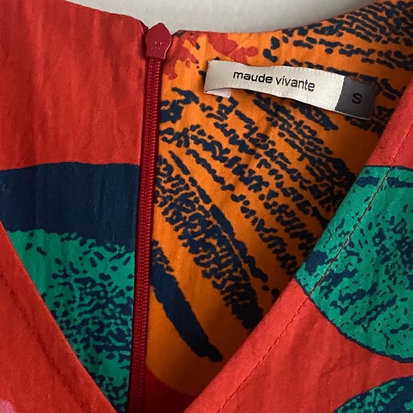 Maude Vivante Floral Midi Dress Small Red Tropical Boho Puff Sleeve Maximalist - Picture 3 of 6